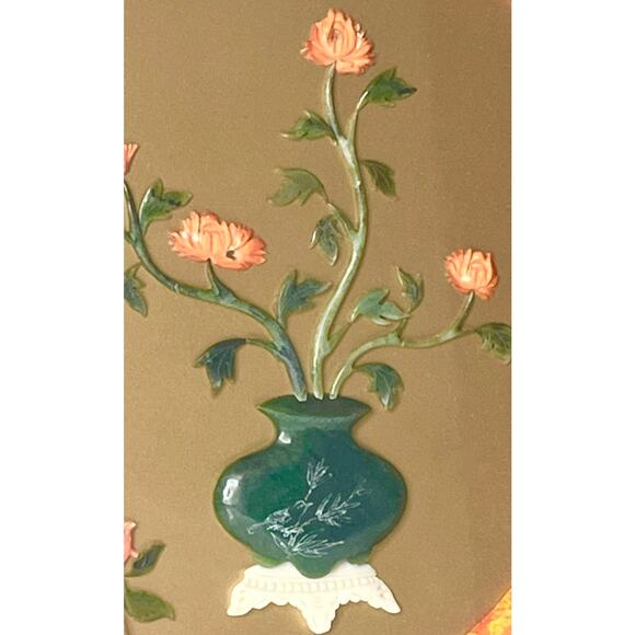 VTG Asian WALL ART Plaque 3D Carved Coral & Simulated Jade Flowers 12" Round - Picture 4 of 7
